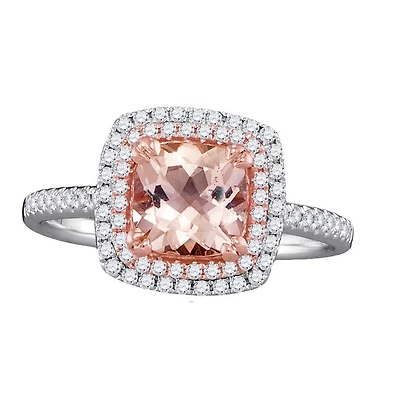 7MM Cushion Morganite and Diamond Halo Ring in 14KT White and Rose Gold