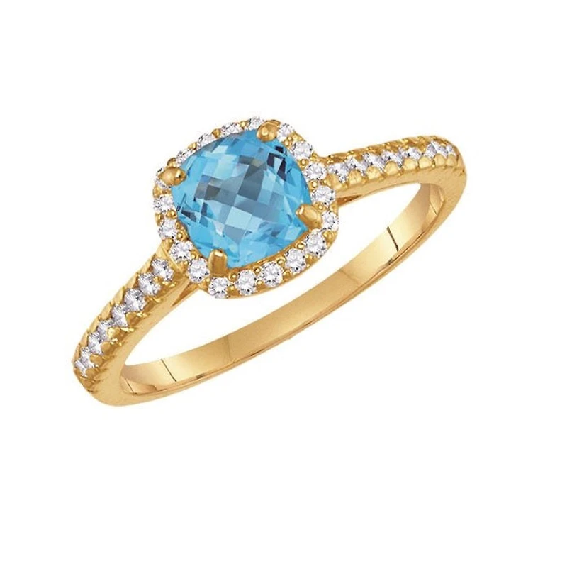 6MM Cushion Blue Topaz and White Sapphire Birthstone Ring in 10KT Yellow Gold