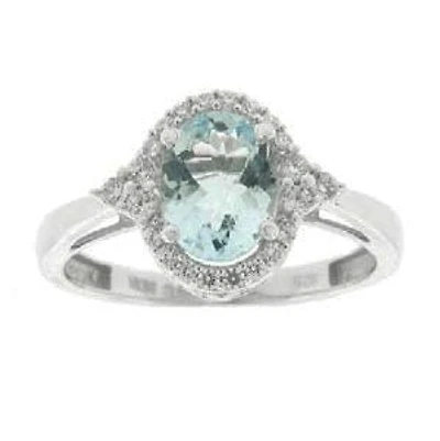 8X6MM Oval Aquamarine and Diamond Halo Ring in 10KT White Gold