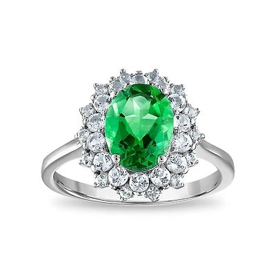 9X7MM Simulated Emerald and White Sapphire Ring in Sterling Silver
