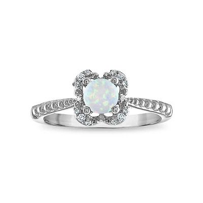 5MM Round Opal and White Sapphire Birthstone Flower Halo Ring in Sterling Silver
