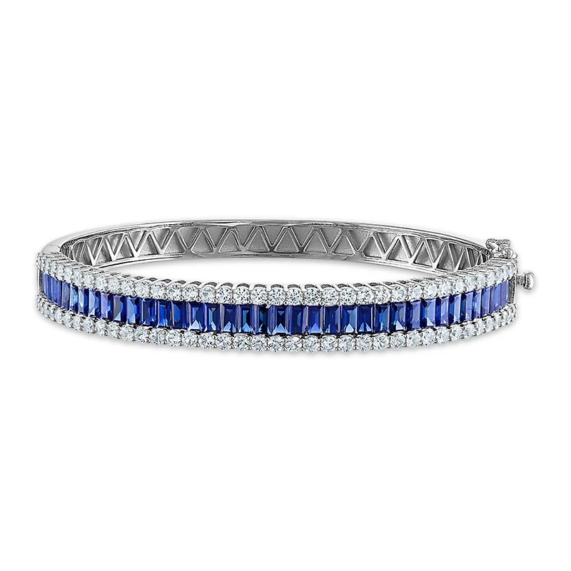 4X2MM Baguette Blue Sapphire and White Sapphire Bangle 7-inch Bracelet in Sterling Silver