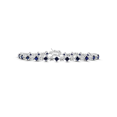 3MM Square Blue Sapphire and White Sapphire 7-inch Tennis Bracelet in Rhodium Plated Sterling Silver