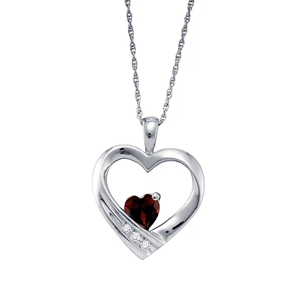 Heart Shape Garnet and Diamond Birthstone 18-inch Pendant in Sterling Silver