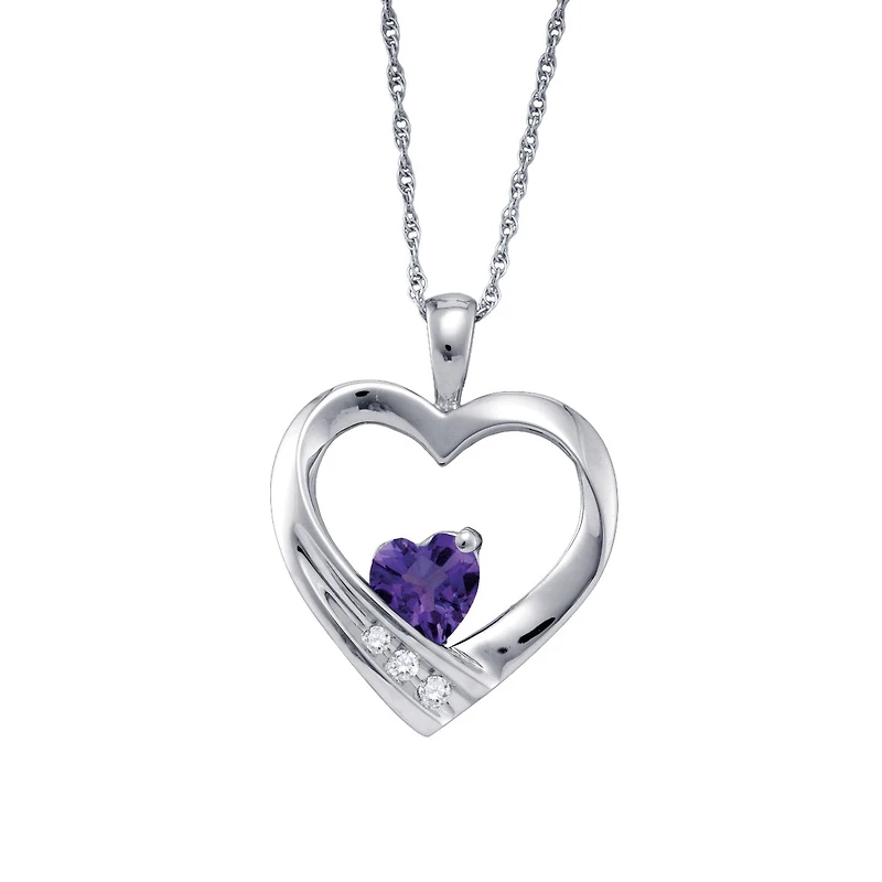 Heart Shape Amethyst and Diamond Birthstone 18-inch Pendant in Sterling Silver