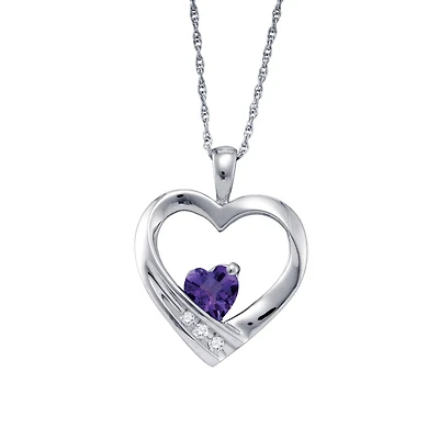 Heart Shape Amethyst and Diamond Birthstone 18-inch Pendant in Sterling Silver