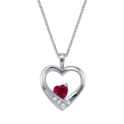 Heart Shape Ruby and Diamond Birthstone 18-inch Pendant in Sterling Silver