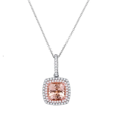 7MM Cushion Morganite and Diamond Halo 18-inch Pendant in 14KT White and Rose Gold