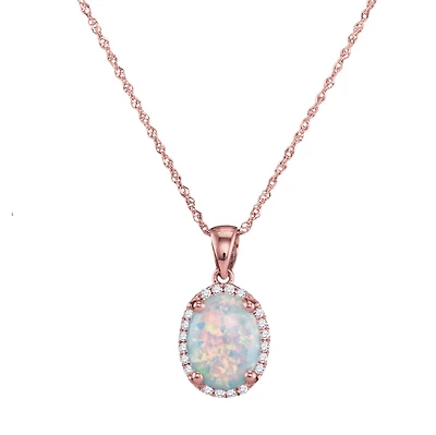 9X7MM Oval Opal and Diamond Halo Birthstone 18-inch Pendant in 10KT Rose Gold