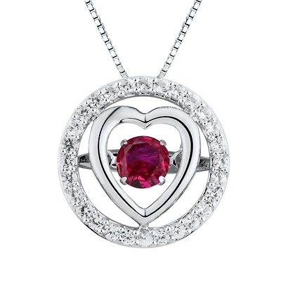 Round Ruby and White Sapphire Heart 18-inch Pendant in Sterling Silver