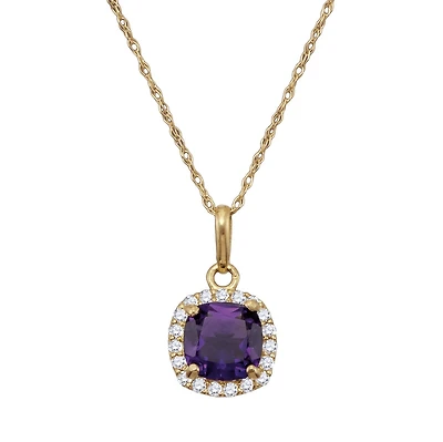 6MM Cushion Amethyst and White Sapphire Birthstone 18-inch Pendant in 10KT Yellow Gold