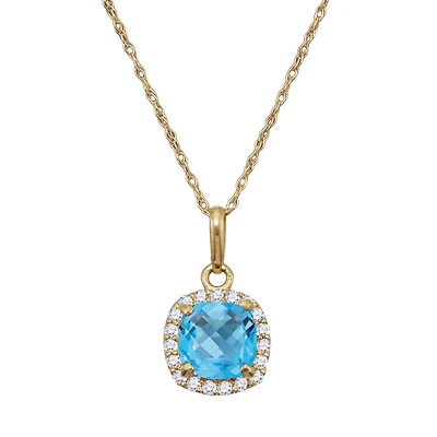 6MM Cushion Blue Topaz and White Sapphire Birthstone Halo 18-inch Pendant in 10KT Yellow Gold