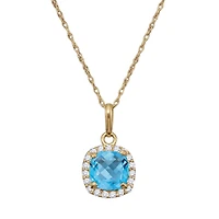 6MM Cushion Blue Topaz and White Sapphire Birthstone Halo 18-inch Pendant in 10KT Yellow Gold