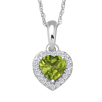 5MM Heart Shape Peridot and White Sapphire Birthstone 18-inch Pendant in 10KT White Gold
