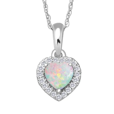 5MM Heart Shape Opal and White Sapphire Birthstone Halo 18-inch Pendant in 10KT White Gold