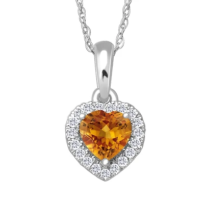 5MM Heart Shape Citrine and White Sapphire Birthstone Halo 18-inch Pendant in 10KT White Gold