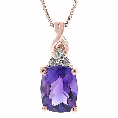 9X7MM Cushion Amethyst and White Topaz 18-inch Pendant in 10KT Rose Gold