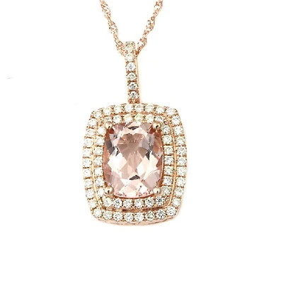 9X7MM Cushion Morganite and Diamond Halo 18-inch Pendant in 14KT Rose Gold