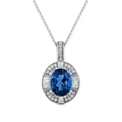 9X7MM Oval London Blue Topaz and Diamond 18-inch Pendant in 10KT White Gold