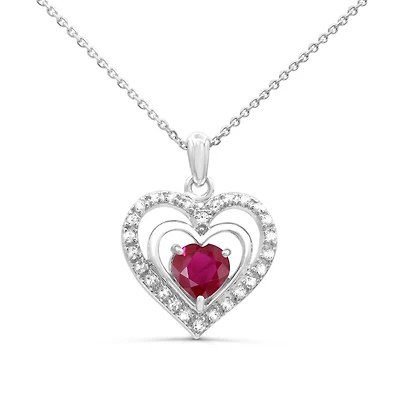 7MM Heart Shape Ruby and White Sapphire Heart 18-inch Pendant in Rhodium Plated Sterling Silver