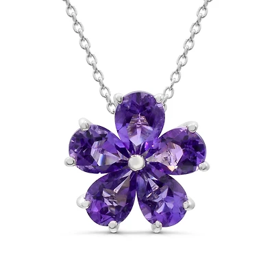 7X5MM Pear Amethyst Flower 18-inch Pendant in Rhodium Plated Sterling Silver