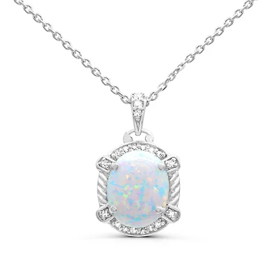Created Opal and White Sapphire Halo 18-inch Pendant in Sterling Silver