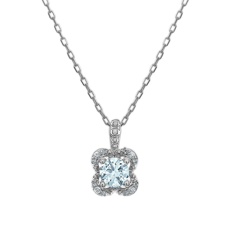 5MM Round Aquamarine and White Sapphire Birthstone Flower Halo Pendant in Sterling Silver
