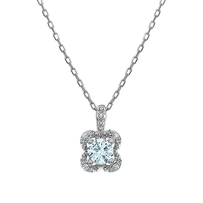 5MM Round Aquamarine and White Sapphire Birthstone Flower Halo Pendant in Sterling Silver