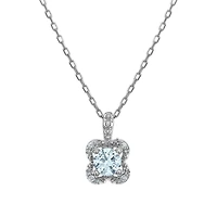 5MM Round Aquamarine and White Sapphire Birthstone Flower Halo Pendant in Sterling Silver
