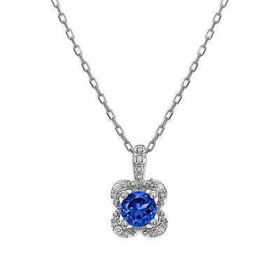 5MM Round Blue Sapphire and White Sapphire Birthstone Flower Halo Pendant in Sterling Silver