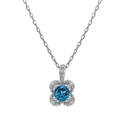 5MM Round Blue Topaz and White Sapphire Birthstone Flower Halo Pendant in Sterling Silver
