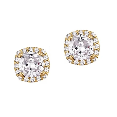 5MM Cushion White Topaz and White Sapphire Birthstone Halo Stud Earrings in 10KT Yellow Gold