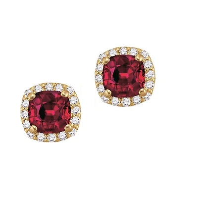 5MM Cushion Ruby and White Sapphire Birthstone Halo Stud Earrings in 10KT Yellow Gold