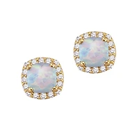 5MM Cushion Opal and White Sapphire Birthstone Halo Stud Earrings in 10KT Yellow Gold