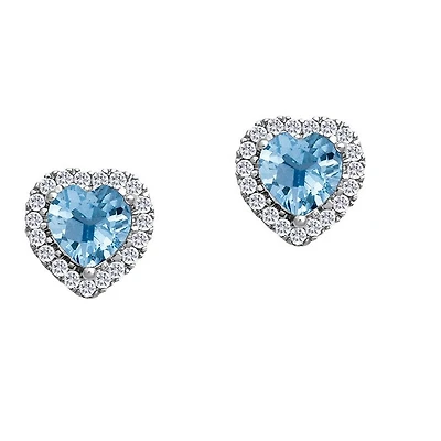 5MM Heart Shape Blue Topaz and White Sapphire Birthstone Halo Stud Earrings in 10KT White Gold