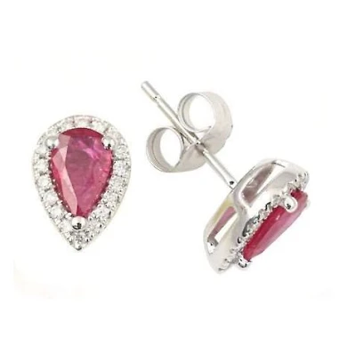 5X3MM Pear Ruby and Diamond Halo Stud Earrings in 14KT White Gold