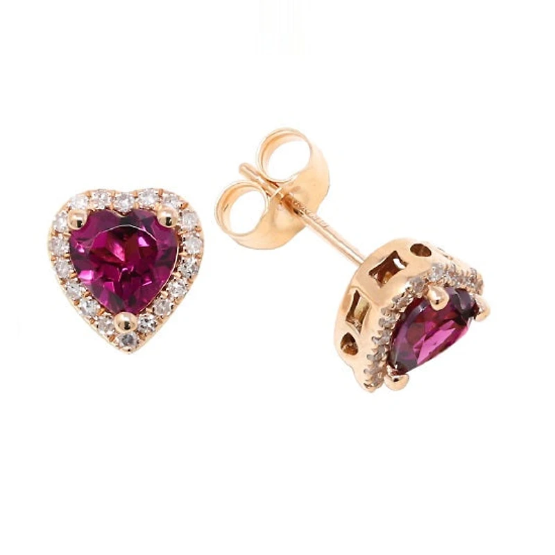 5MM Heart Shape Rhodolite Garnet and Diamond Halo Stud Earrings in 14KT Rose Gold