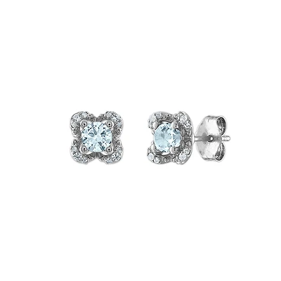 4MM Round Aquamarine and White Sapphire Birthstone Flower Halo Earrings in Sterling Silver