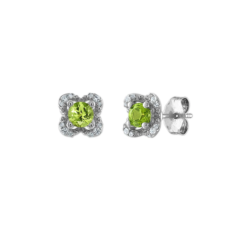 4MM Round Peridot and White Sapphire Birthstone Flower Halo Earrings in Sterling Silver