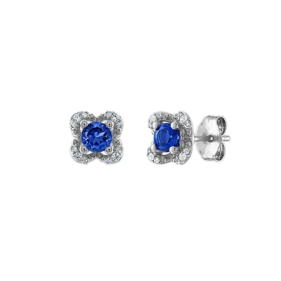 4MM Round Blue Sapphire and White Sapphire Birthstone Flower Halo Earrings in Sterling Silver