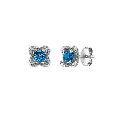 4MM Round Blue Topaz and White Sapphire Birthstone Flower Halo Earrings in Sterling Silver