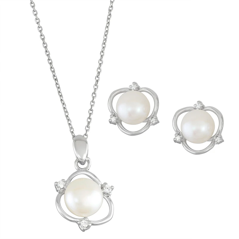 Round Pearl and Cubic Zirconia 18-inch Pendant in Sterling Silver