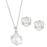 Round Pearl and Cubic Zirconia 18-inch Pendant in Sterling Silver
