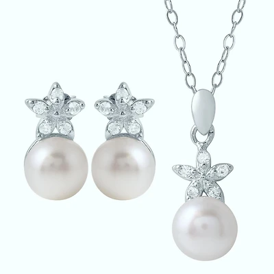 Round Pearl and Cubic Zirconia Gem Stone 18-inch Pendant in Sterling Silver