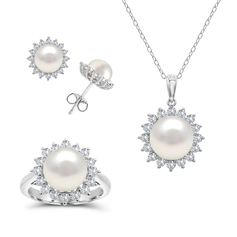 Pearl and White Sapphire Ring Pendant Earrings Set in Sterling Silver