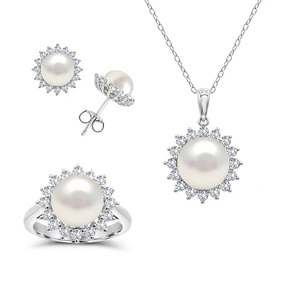 Pearl and White Sapphire Ring Pendant Earrings Set in Sterling Silver