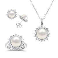 Pearl and White Sapphire Ring Pendant Earrings Set in Sterling Silver
