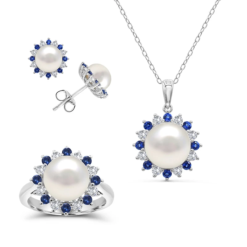 Pearl and Blue Sapphire Ring Pendant Earrings Set in Sterling Silver