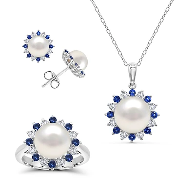 Pearl and Blue Sapphire Ring Pendant Earrings Set in Sterling Silver