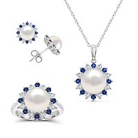 Pearl and Blue Sapphire Ring Pendant Earrings Set in Sterling Silver